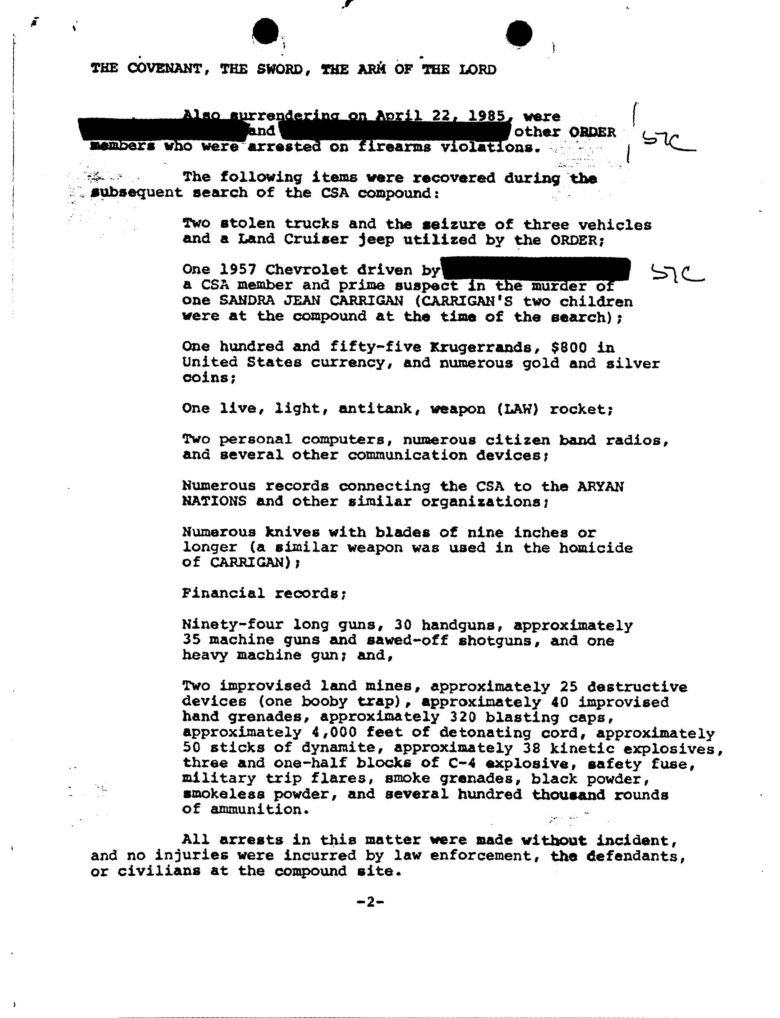 FBI inventory and report of no injuries, 20 May 1985