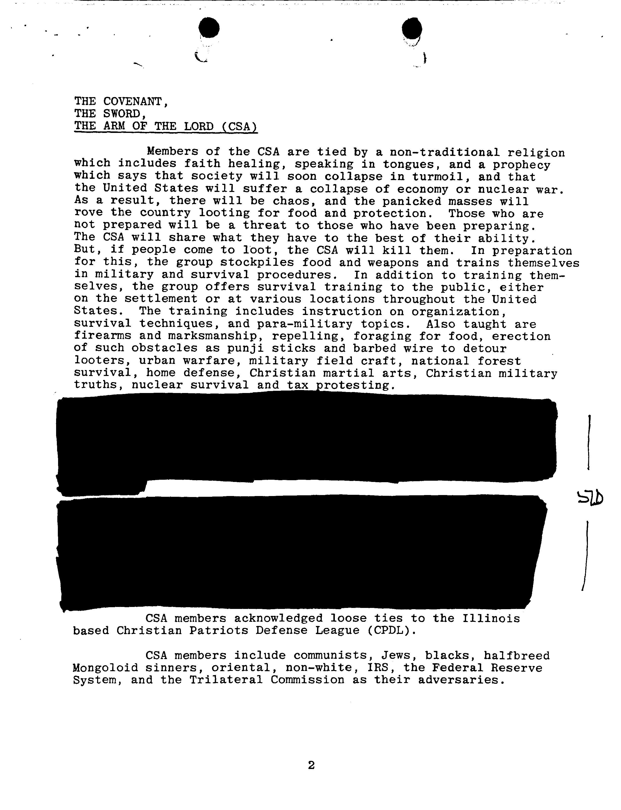 FBI account of CSA beliefs and training, July 1982