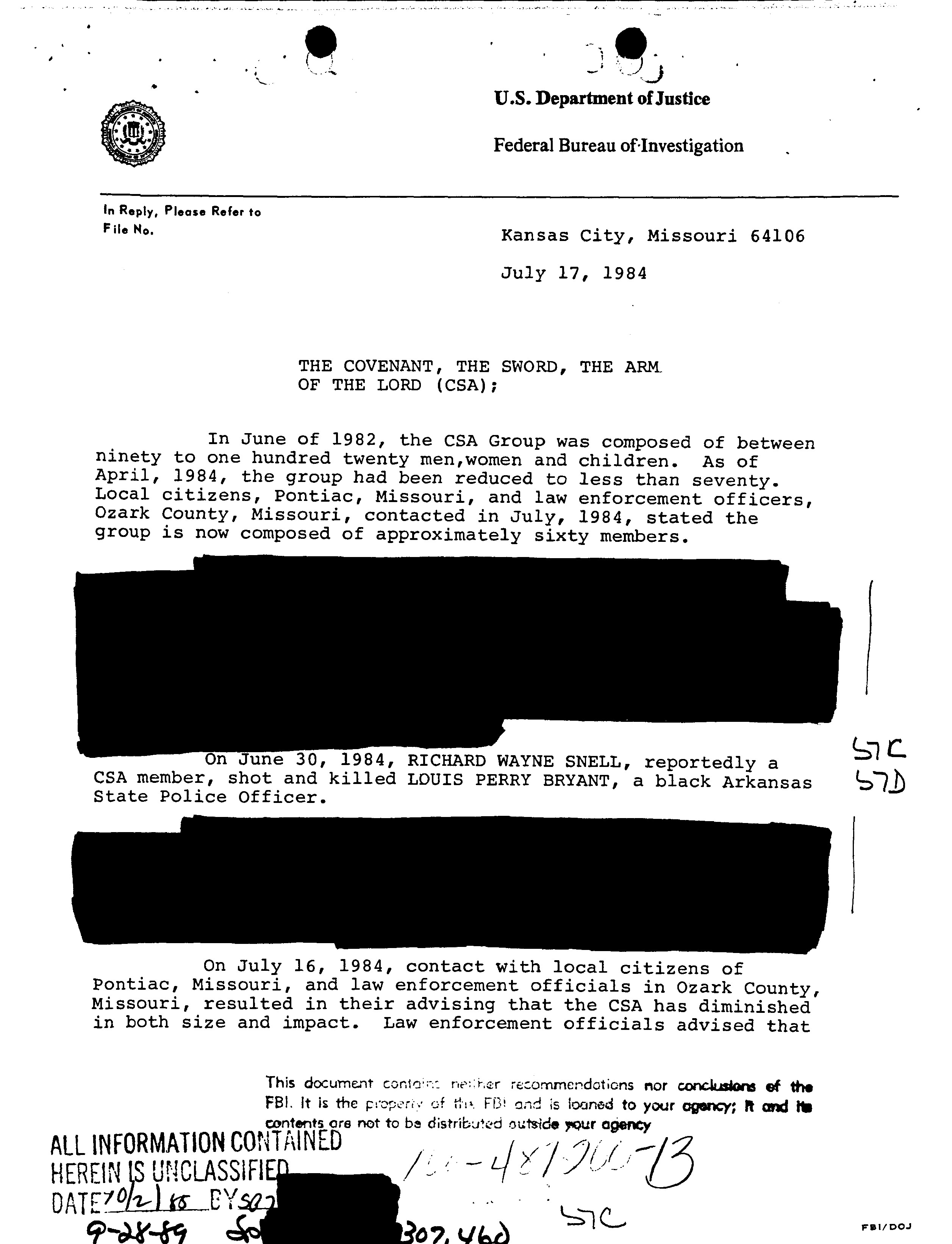 FBI update on membership and the Bryant killing, 17 July 1984